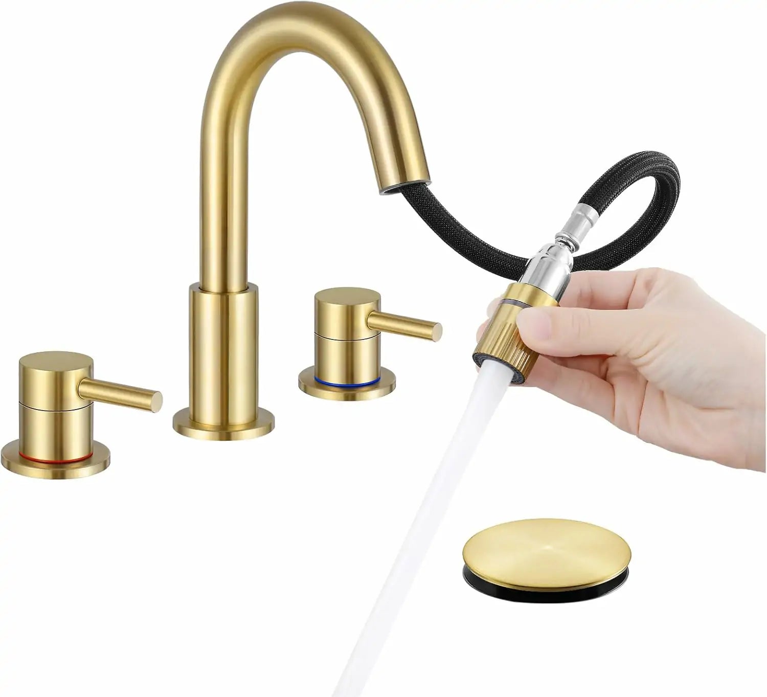 8 Inch Pull Down 3 Hole Brushed Gold Bathroom Faucet