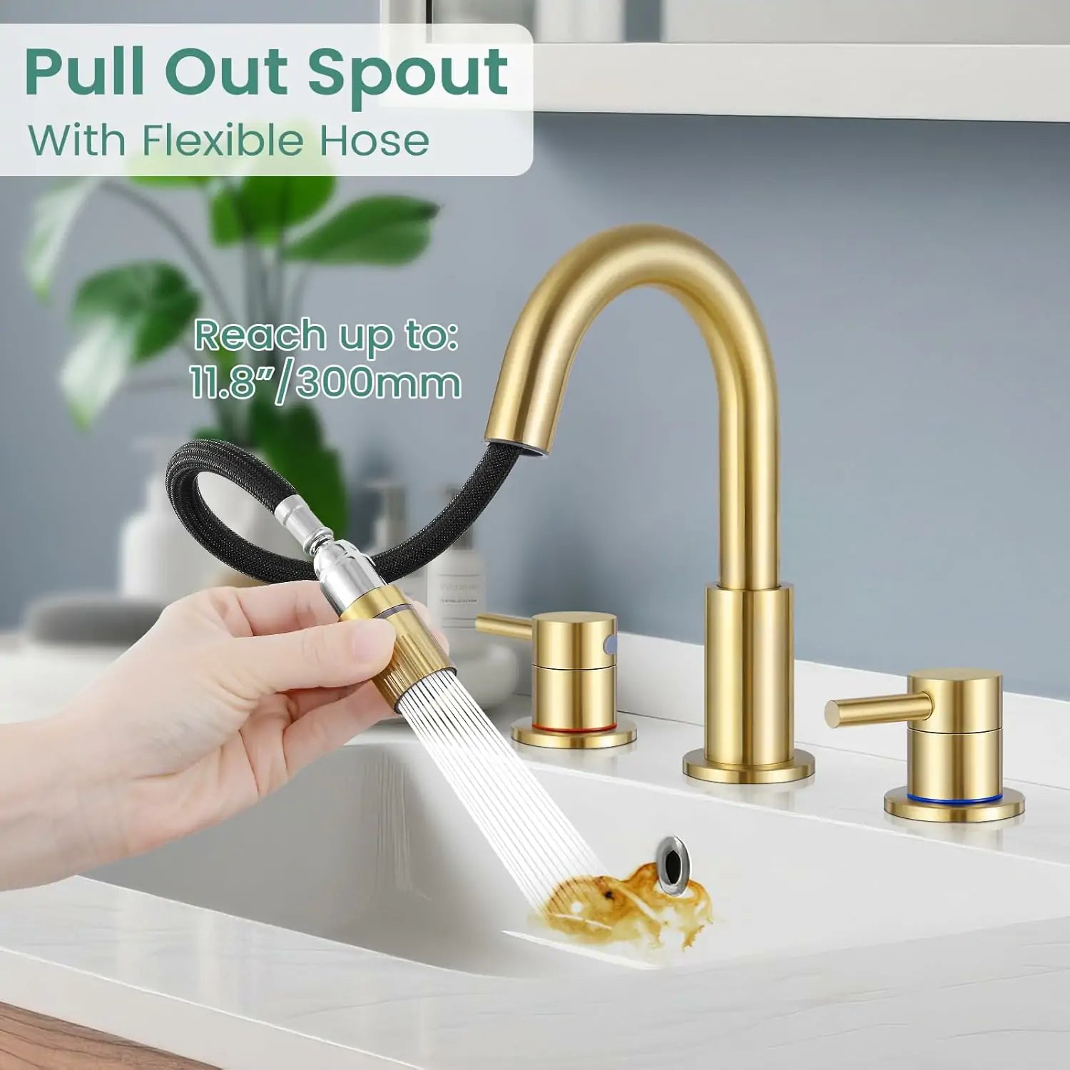 8 Inch Pull Down 3 Hole Brushed Gold Bathroom Faucet
