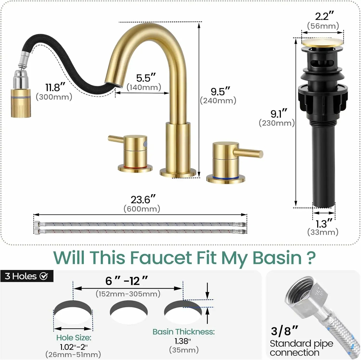 8 Inch Pull Down 3 Hole Brushed Gold Bathroom Faucet