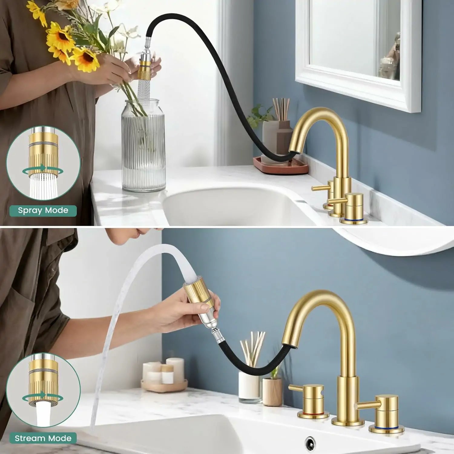 8 Inch Pull Down 3 Hole Brushed Gold Bathroom Faucet