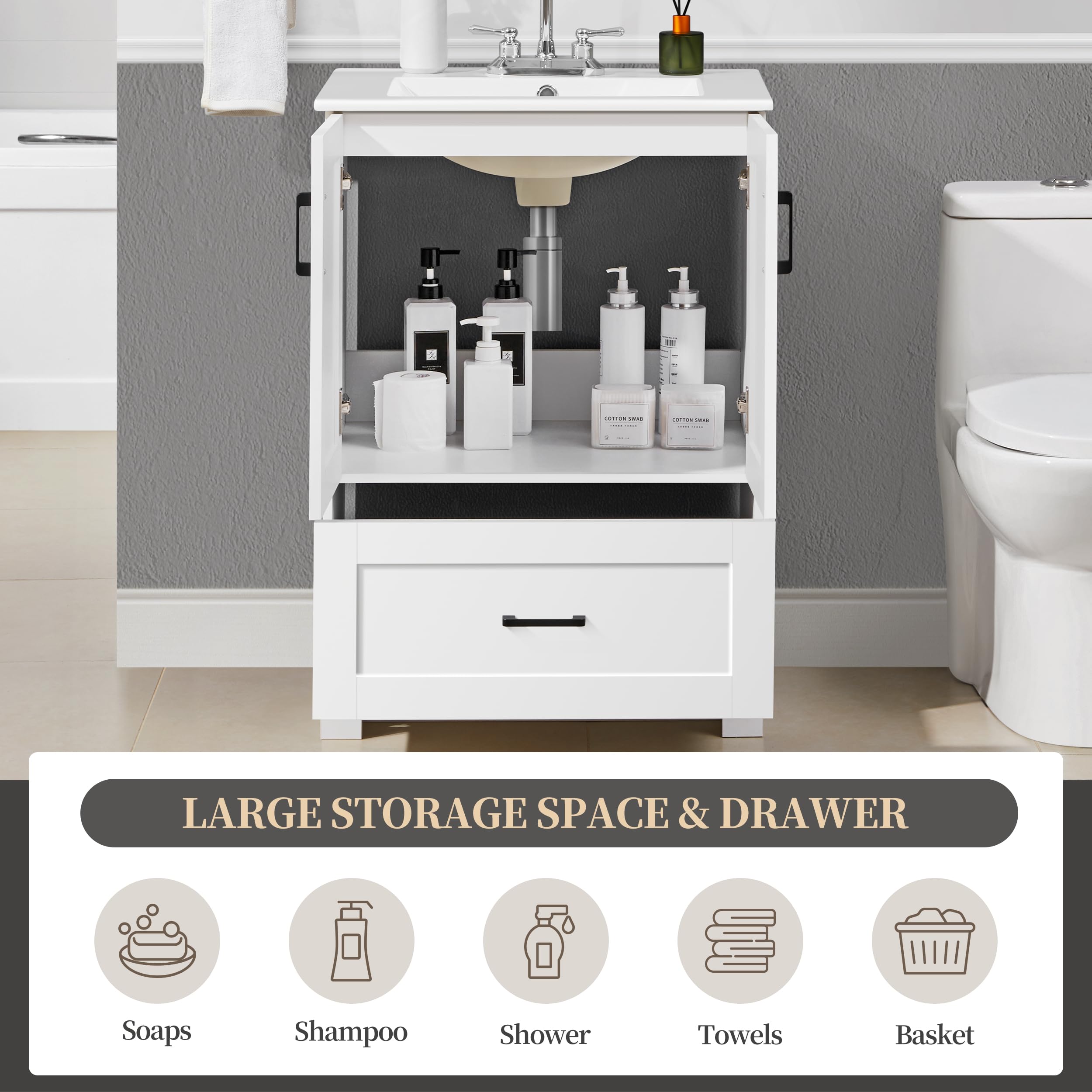 24“ 30" Bathroom Vanity with Sink Ceramic Basin