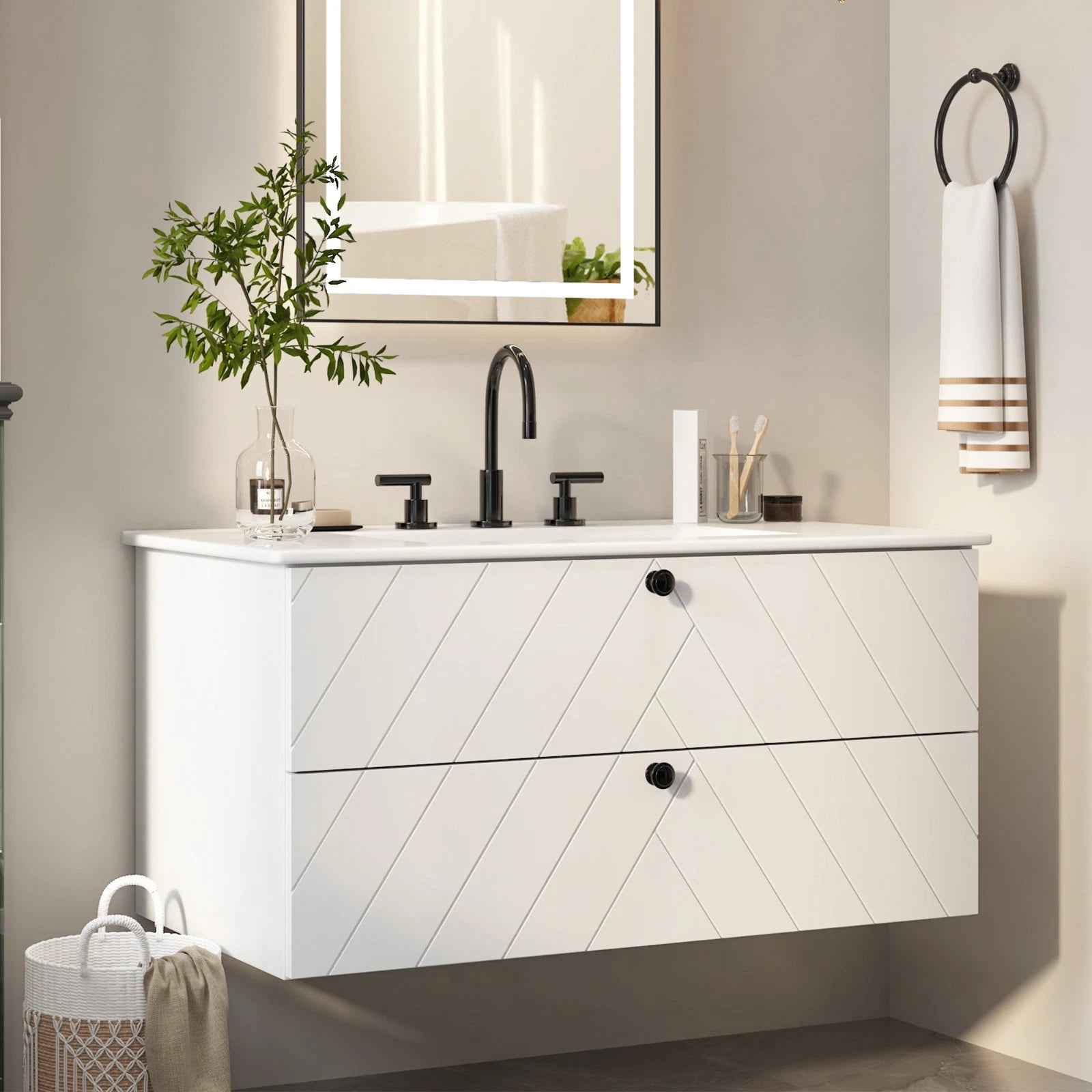 24“ 30" 36" Wall Mounted Bathroom Vanity Cabinet with Ceramic Sink Combo White Diagonal
