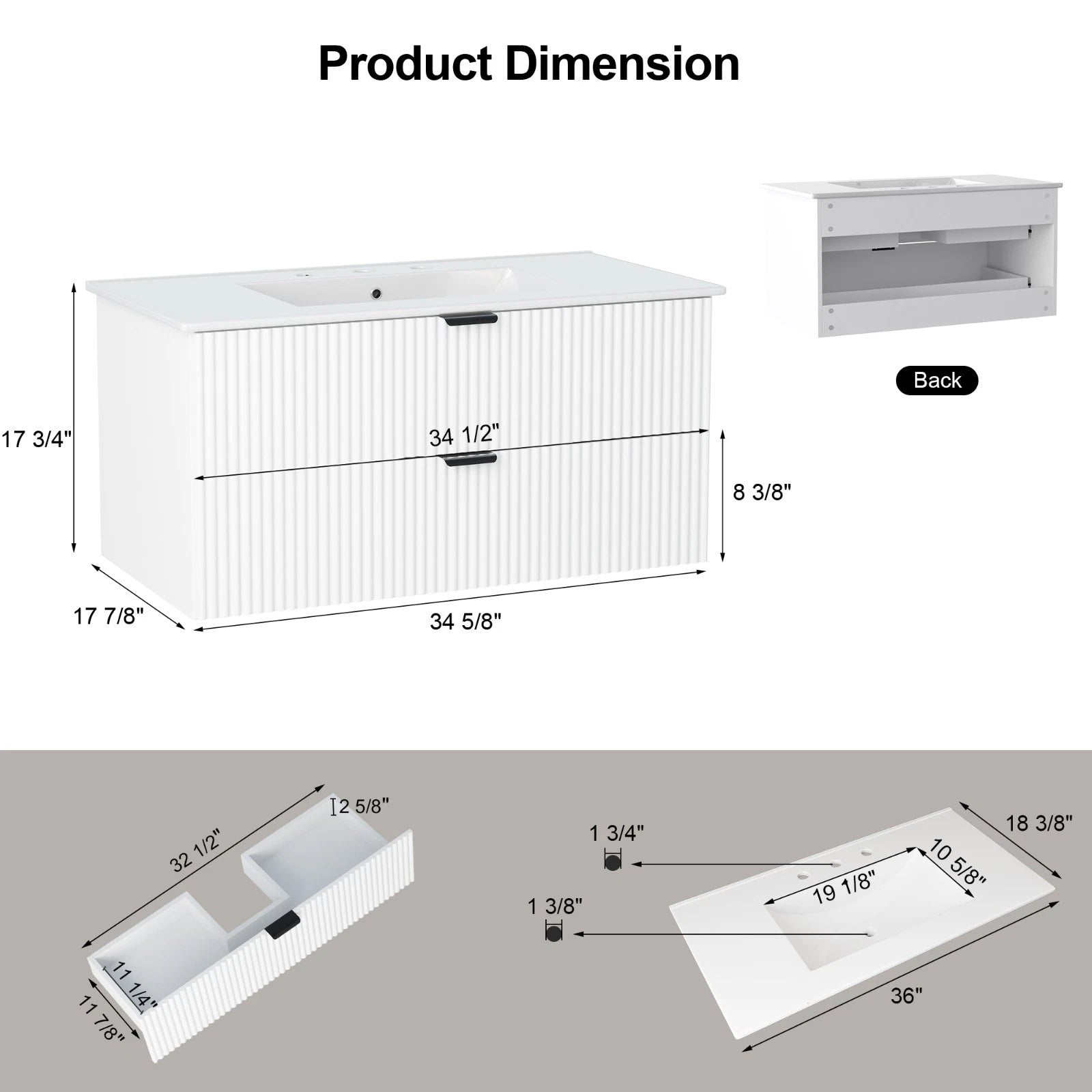 36" Wall Mounted Bathroom Vanity Cabinet with Ceramic Sink Combo White Wavy