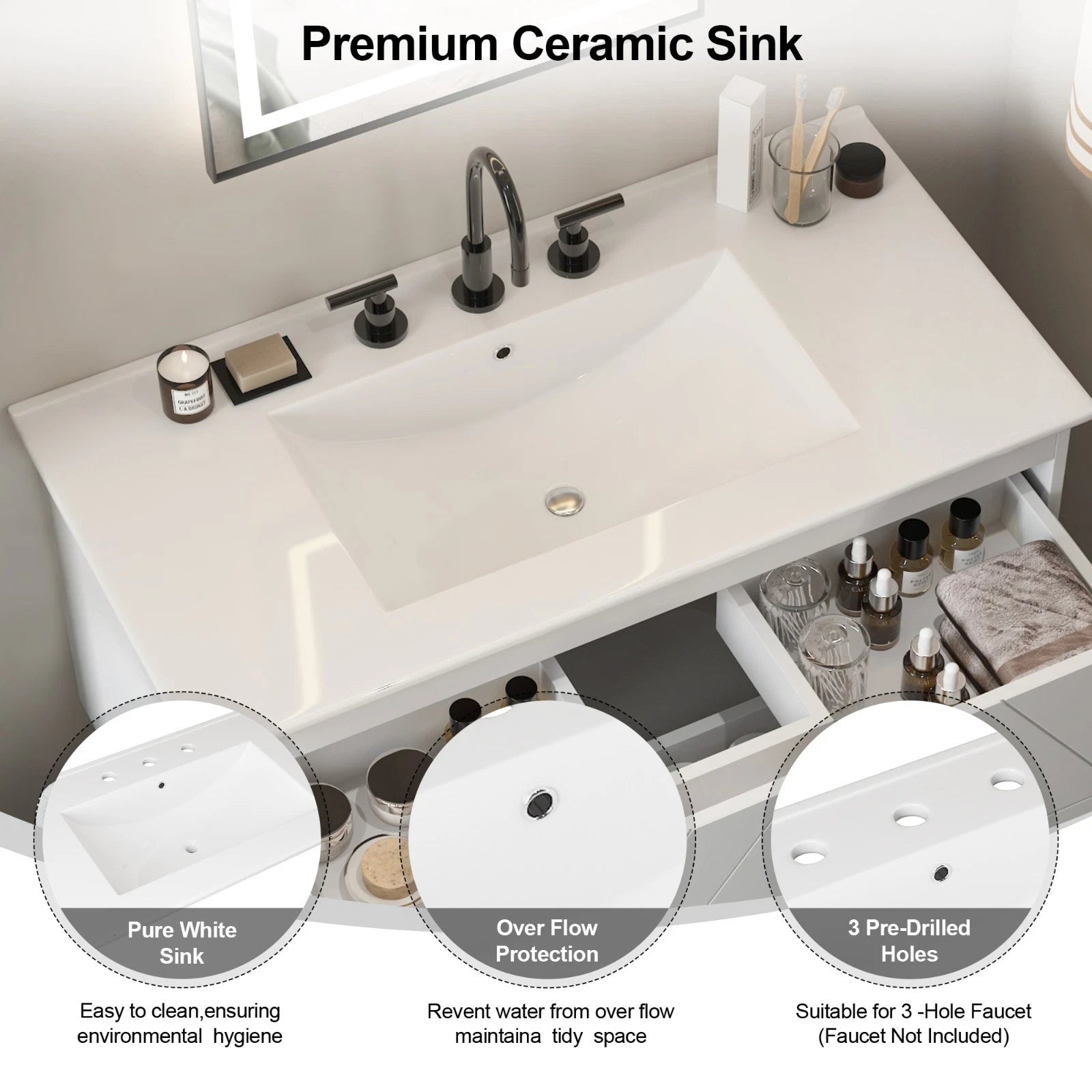 36" Wall Mounted Bathroom Vanity Cabinet with Ceramic Sink Combo White Wavy