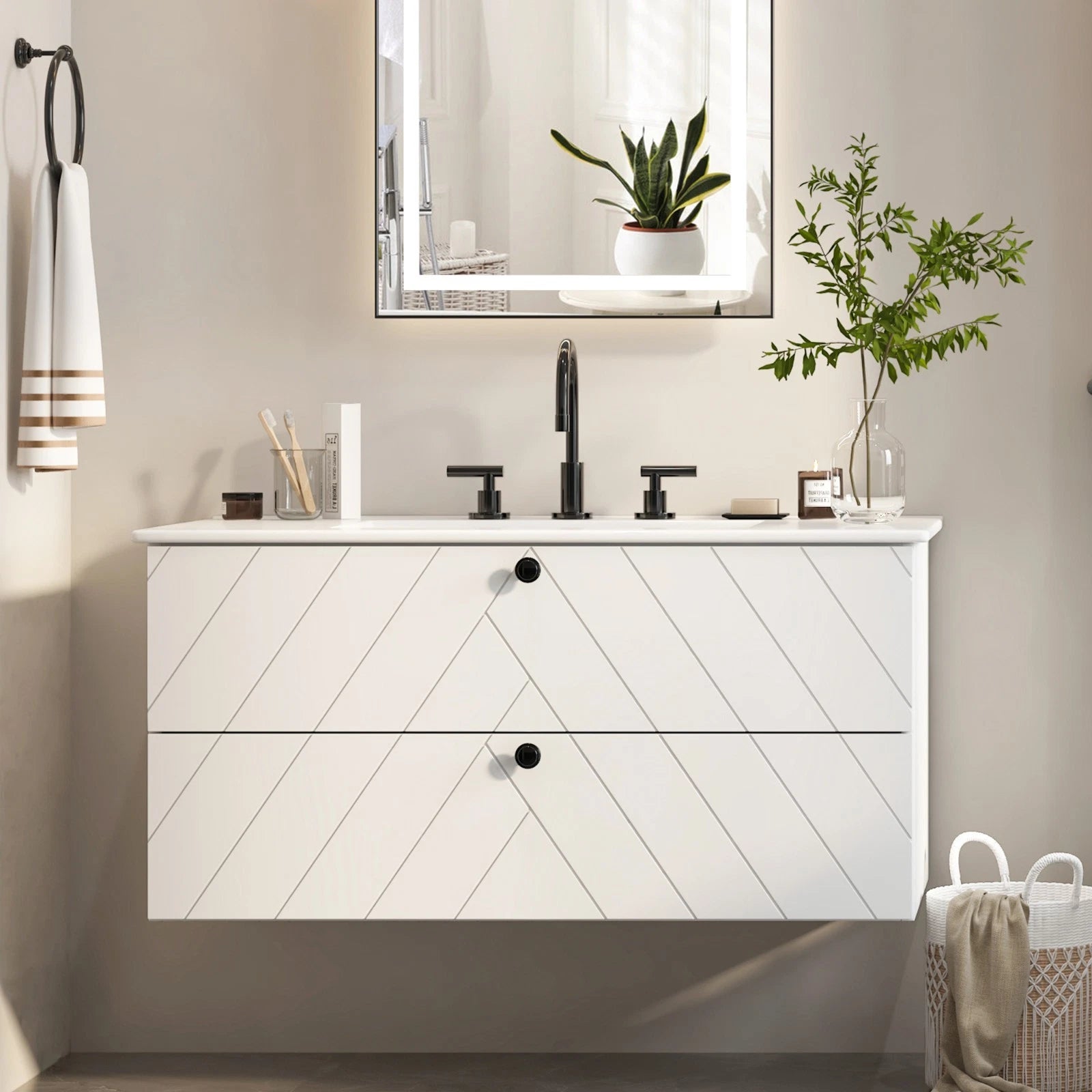 24“ 30" 36" Wall Mounted Bathroom Vanity Cabinet with Ceramic Sink Combo White Diagonal