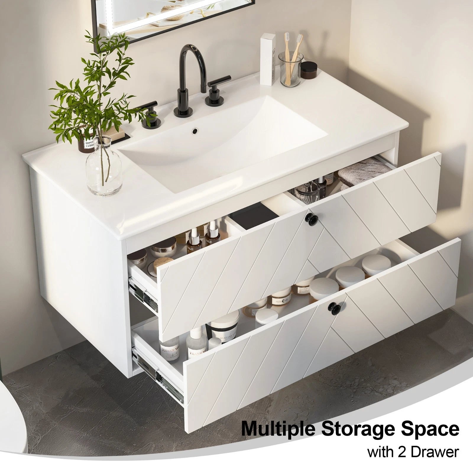 24“ 30" 36" Wall Mounted Bathroom Vanity Cabinet with Ceramic Sink Combo White Diagonal