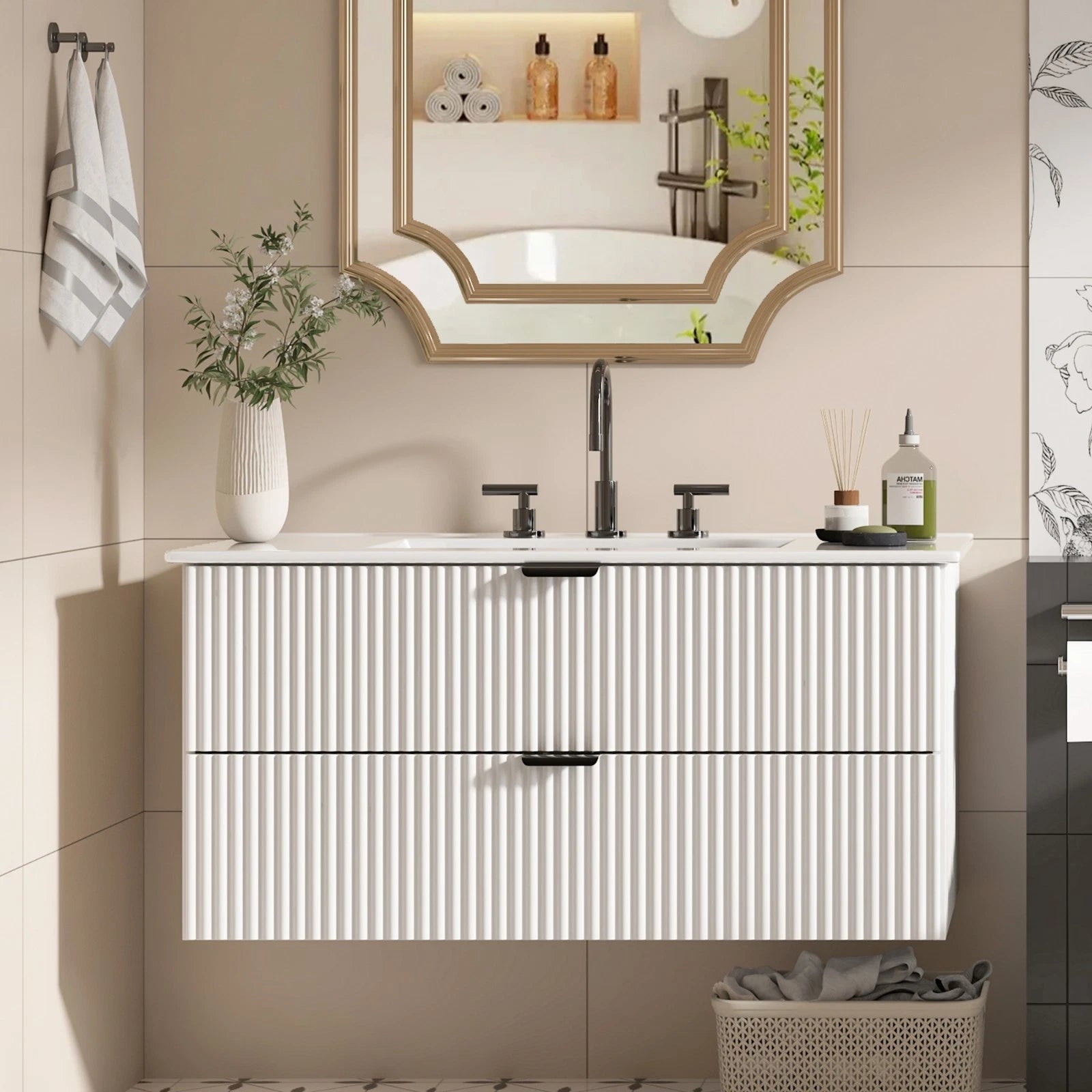 36" Wall Mounted Bathroom Vanity Cabinet with Ceramic Sink Combo White Wavy