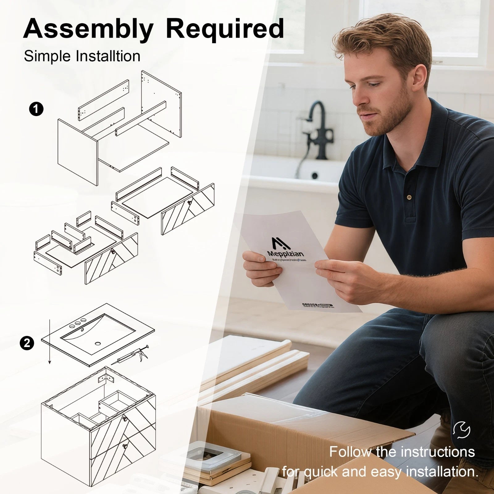 24“ 30" 36" Wall Mounted Bathroom Vanity Cabinet with Ceramic Sink Combo White Diagonal