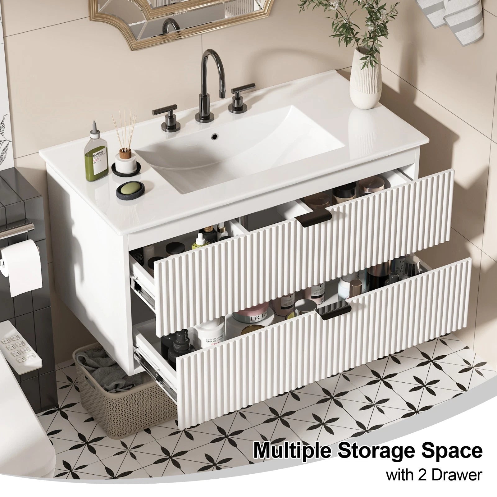 36" Wall Mounted Bathroom Vanity Cabinet with Ceramic Sink Combo White Wavy