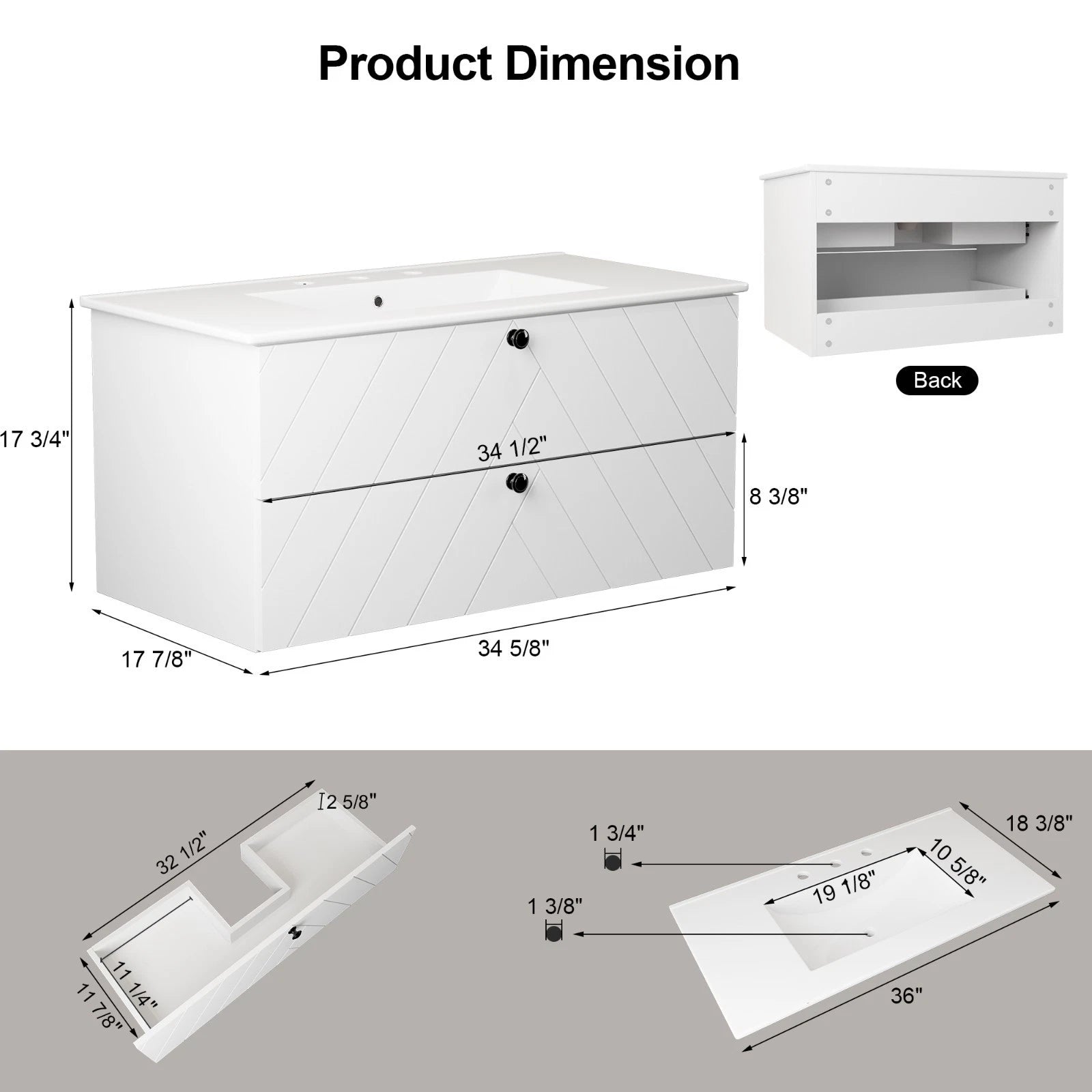 24“ 30" 36" Wall Mounted Bathroom Vanity Cabinet with Ceramic Sink Combo White Diagonal