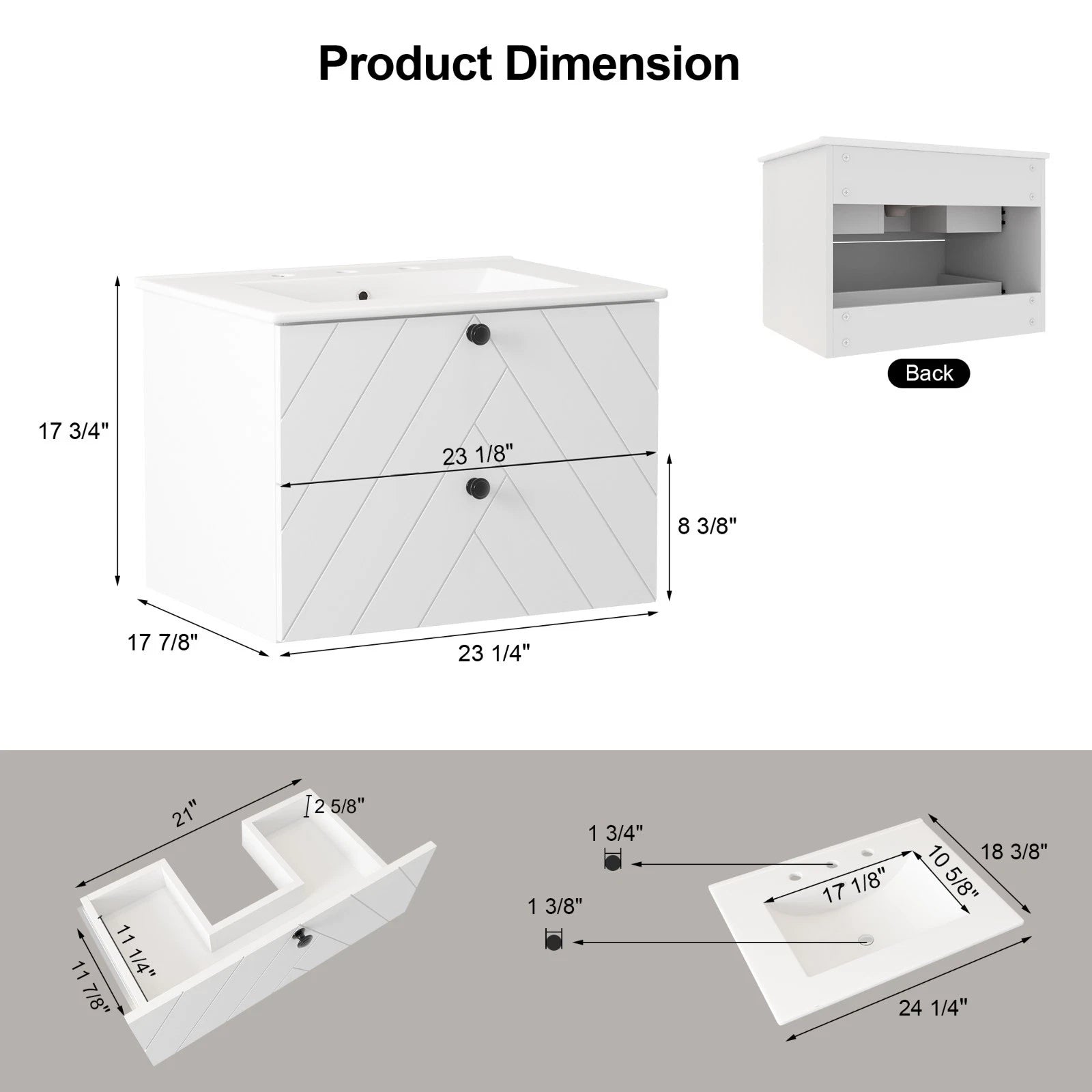 24“ 30" 36" Wall Mounted Bathroom Vanity Cabinet with Ceramic Sink Combo White Diagonal